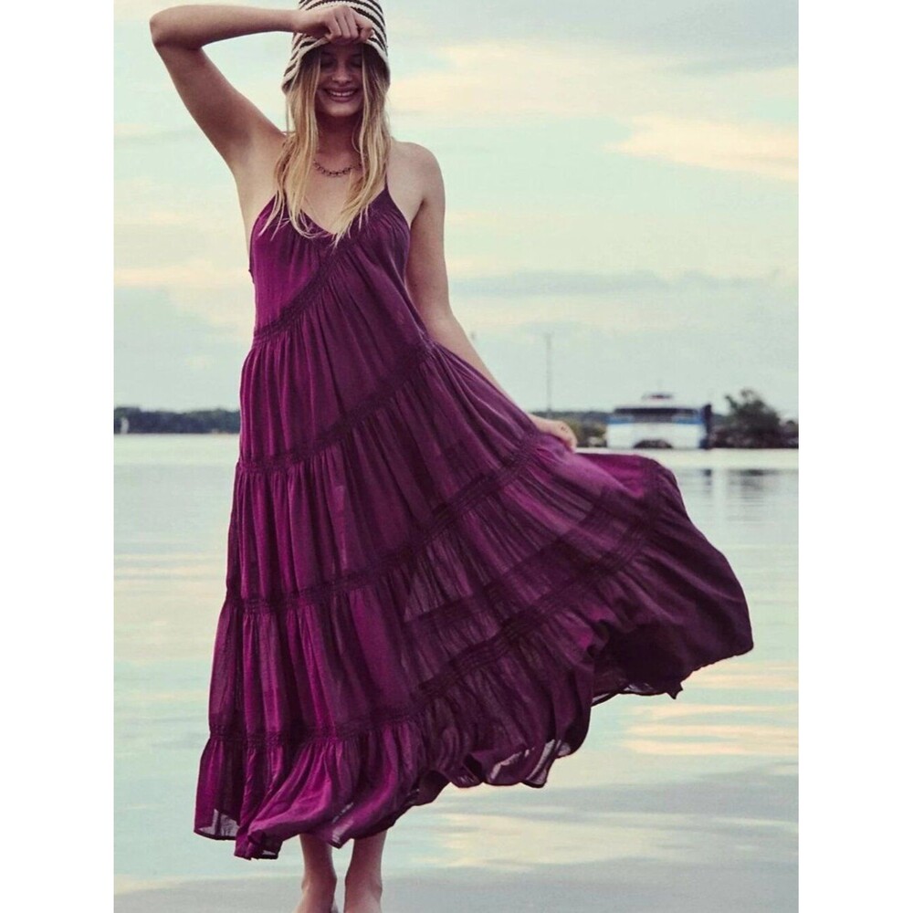 Free People Free-Est Robe Horizon Coast Maxi Dress Sheer Tiered Purple M 290469